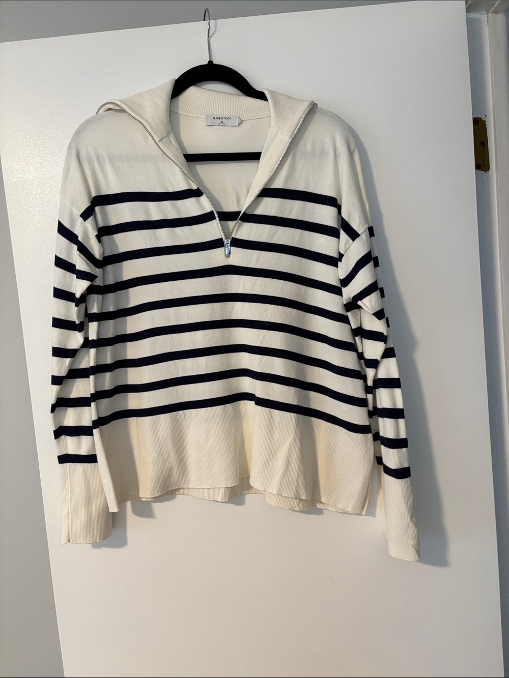 Babaton Striped Half-Zip Hooded Sweater - Ivory & Navy